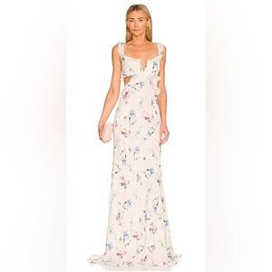 Sau Lee Amelia Cut-Out Ruffle Gown Dress Cream Blush Orchid Floral Print Size S
